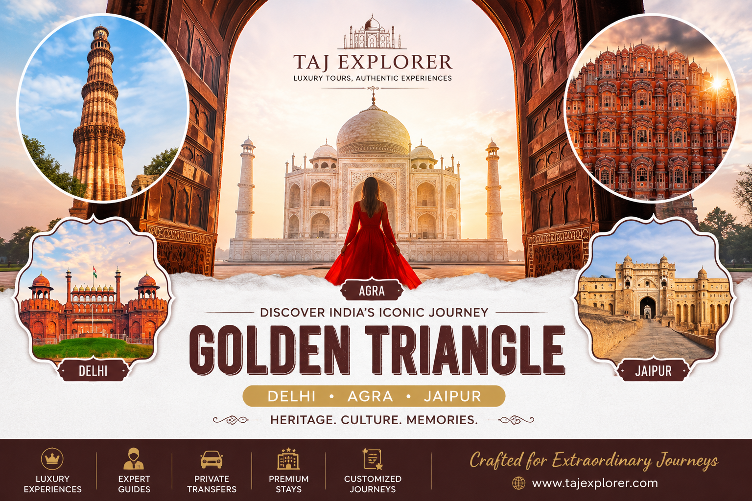 Golden Triangle India luxury tour covering Delhi Agra Jaipur with Taj Explorer