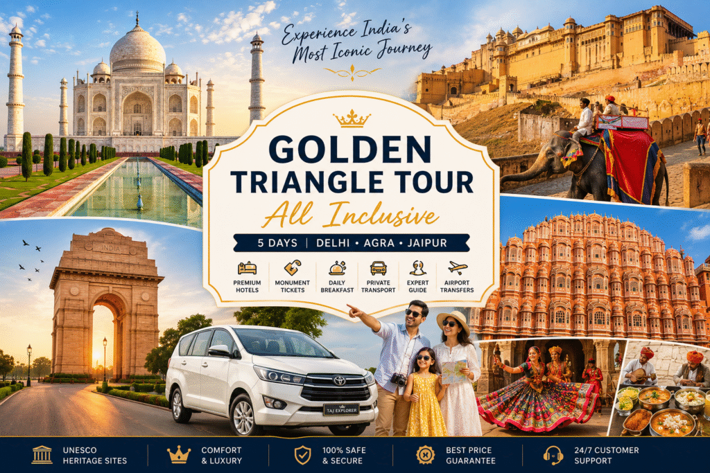 Golden Triangle Tour All Inclusive featuring the Taj Mahal, Amber Fort, India Gate, Hawa Mahal, luxury private car, and premium hotel experience across Delhi, Agra, and Jaipur