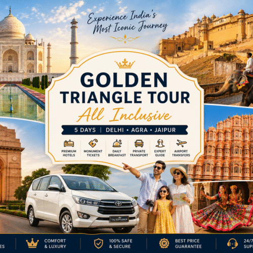Golden Triangle Tour All Inclusive featuring the Taj Mahal, Amber Fort, India Gate, Hawa Mahal, luxury private car, and premium hotel experience across Delhi, Agra, and Jaipur