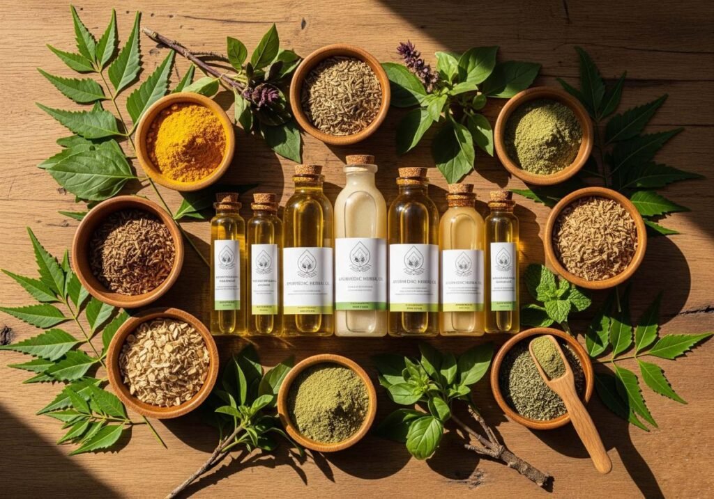 Authentic Ayurvedic herbal oils, medicinal herbs, and natural wellness products from India arranged with traditional ingredients.