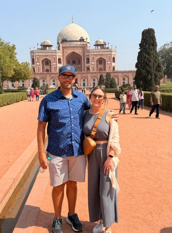 Delhi tour with visitors at Humayun's Tomb during a private half day Delhi sightseeing tour