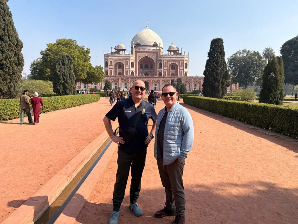Travelers visiting Humayun’s Tomb in Delhi on a Golden Triangle Tour 5 Day