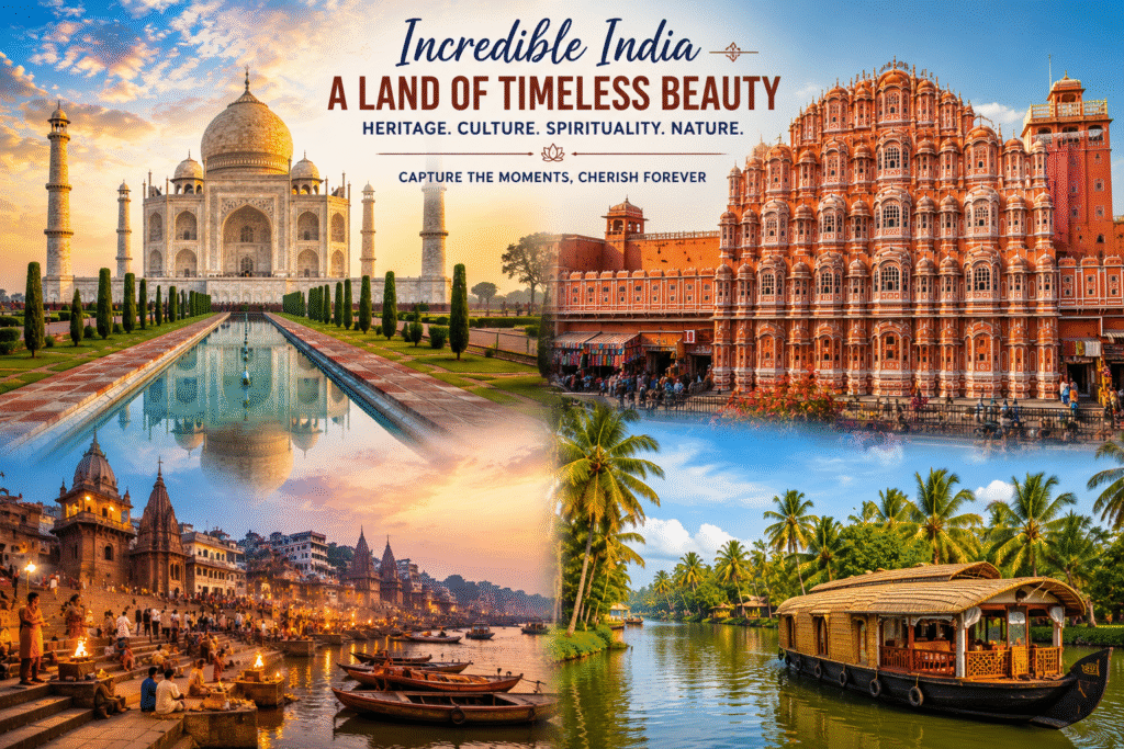 Luxury India tours featuring Taj Mahal, Jaipur, Varanasi, and Kerala heritage travel