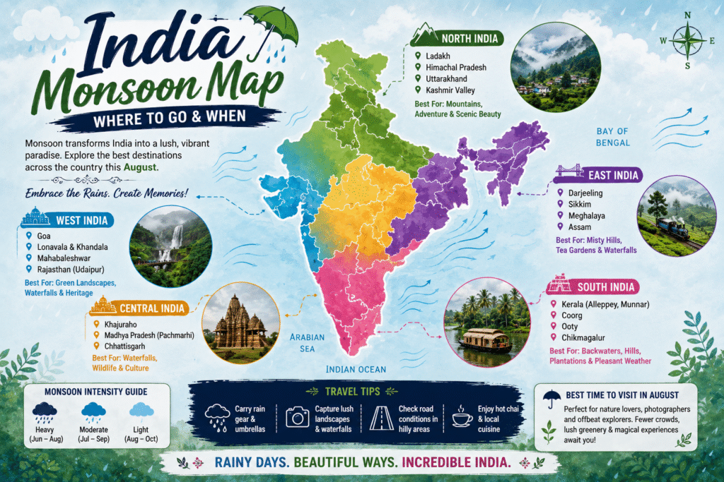 25 Best Places to Visit in India in August Month (2026): Top Monsoon Destinations for an Unforgettable Holiday 2 India Monsoon Travel Map highlighting the best places to visit in India in August month across North, South, East, West and Central India