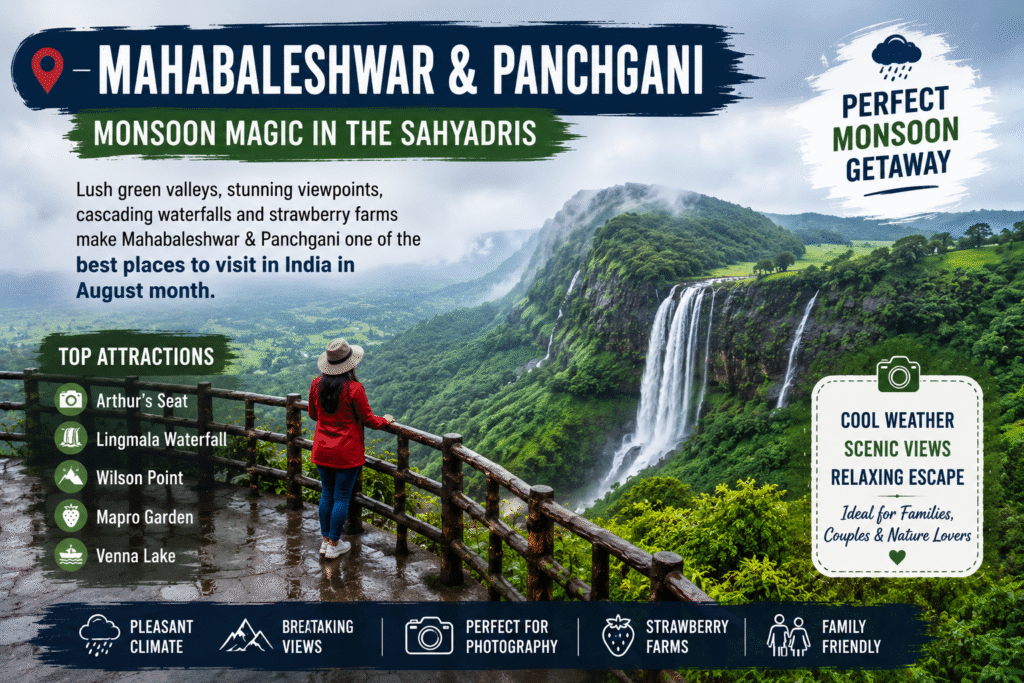 25 Best Places to Visit in India in August Month (2026): Top Monsoon Destinations for an Unforgettable Holiday 3 Mahabaleshwar and Panchgani in Maharashtra during the monsoon with Lingmala Waterfall, lush green valleys, scenic viewpoints, and misty hills – one of the best places to visit in India in August month