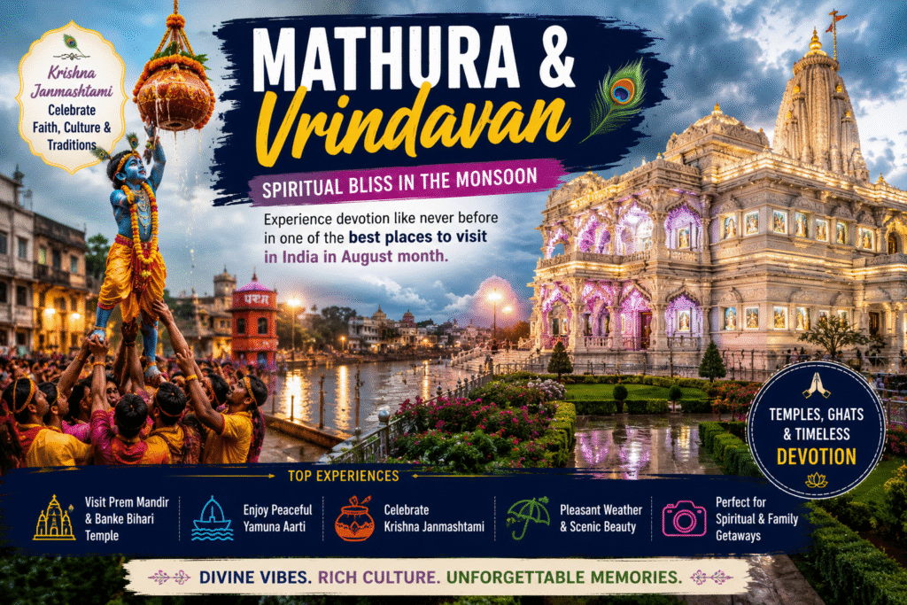 25 Best Places to Visit in India in August Month (2026): Top Monsoon Destinations for an Unforgettable Holiday 4 Mathura and Vrindavan during Krishna Janmashtami with Prem Mandir, Banke Bihari Temple, Yamuna Aarti, and vibrant celebrations – one of the best places to visit in India in August month