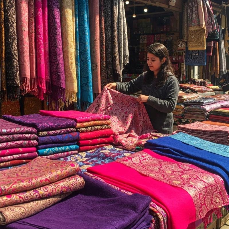 Authentic Kashmiri Pashmina shawls displayed in a traditional shop, one of the best souvenirs from India.