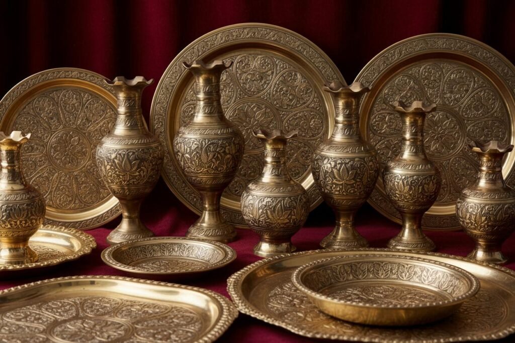 Handcrafted Indian brass vases and engraved decorative plates, among the best gifts from India.