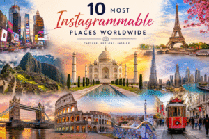 10 most instagrammable places worldwide featuring Taj Mahal, Eiffel Tower, Burj Khalifa, and Times Square