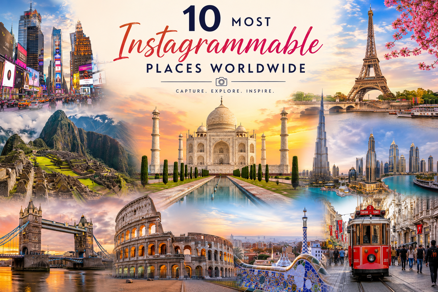 10 most instagrammable places worldwide featuring Taj Mahal, Eiffel Tower, Burj Khalifa, and Times Square