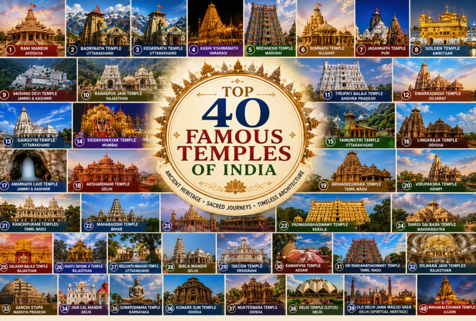 Top 40 Famous Temples in India – famous temples in India, temples in India, Indian temples, Hindu temples in India, and India's most sacred pilgrimage destinations