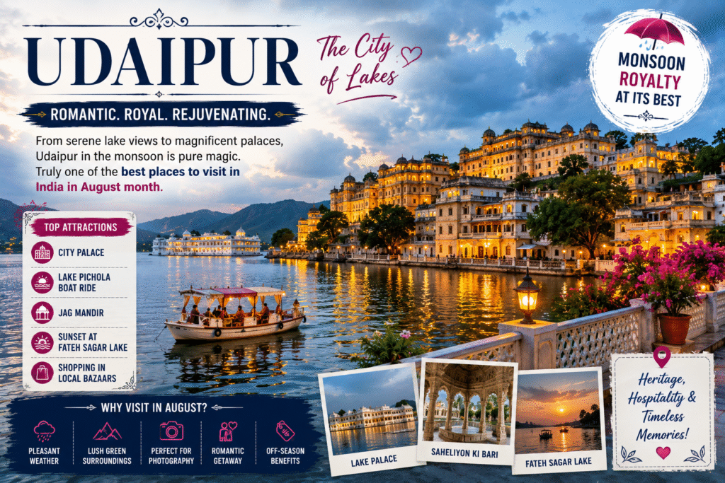25 Best Places to Visit in India in August Month (2026): Top Monsoon Destinations for an Unforgettable Holiday 6 Udaipur City Palace and Lake Pichola at sunset during the monsoon with a scenic boat ride and royal heritage views – one of the best places to visit in India in August month