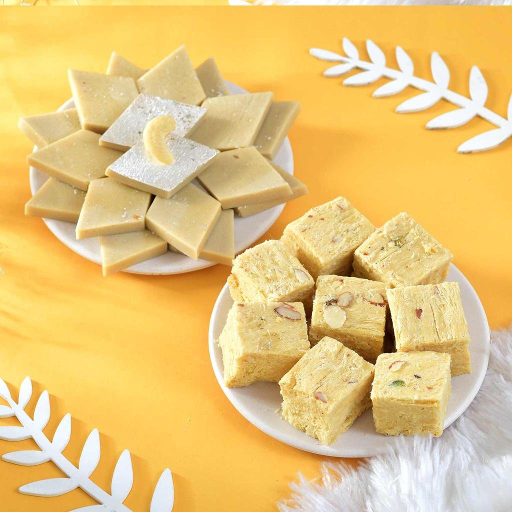 Traditional Indian sweets including Kaju Katli and Soan Papdi, delicious gifts from India.