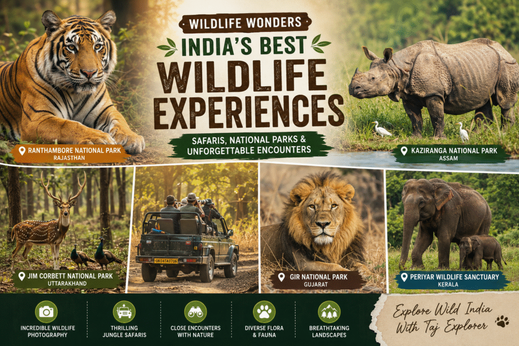 Wildlife safari in India featuring Ranthambore tiger, Kaziranga rhino, and Jim Corbett among the best places to visit in India and top tourist places in India