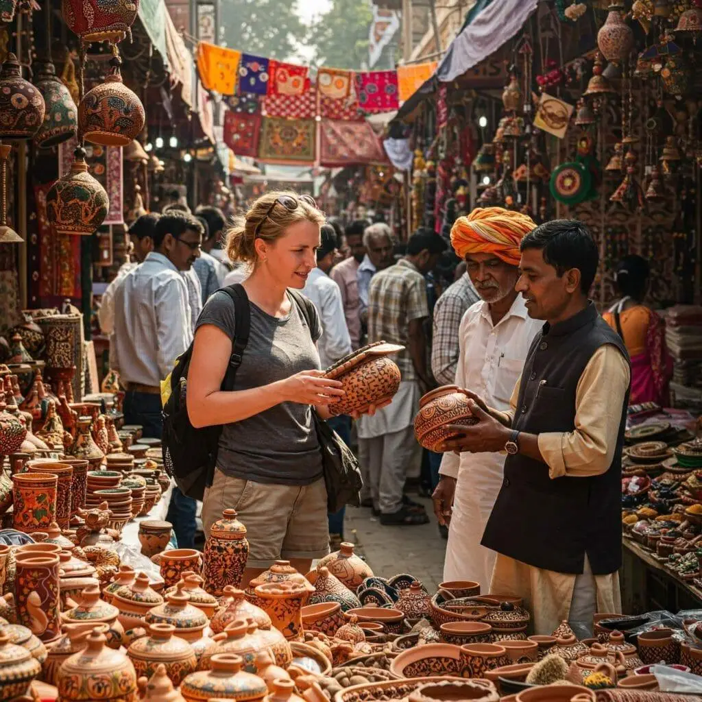 Traveller shopping for authentic Indian handicrafts in a traditional market, exploring some of the best souvenirs from India.