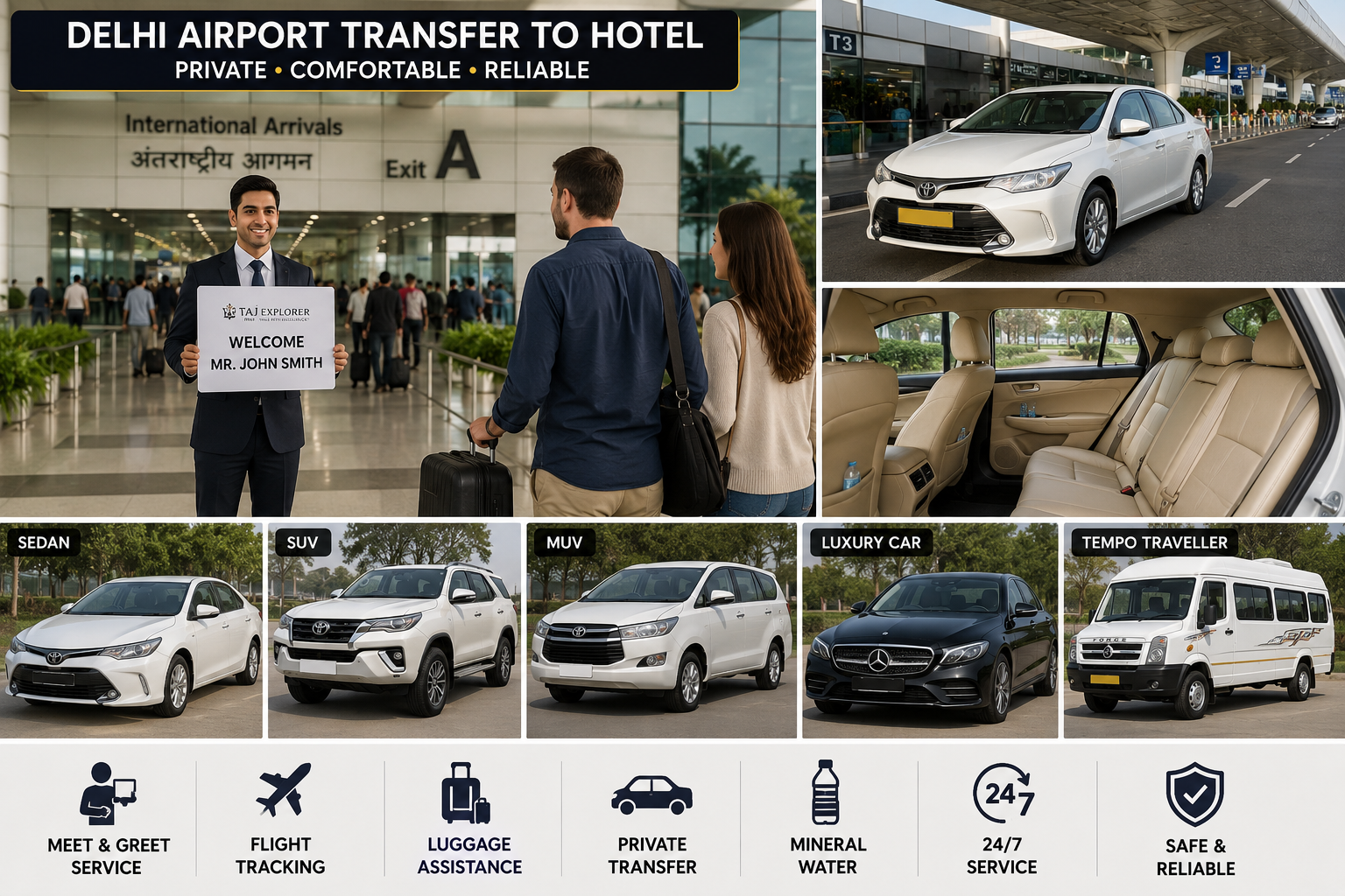 Delhi Airport Transfer to Hotel – Private airport pickup service with professional chauffeur and comfortable air-conditioned vehicle at Indira Gandhi International Airport (DEL)