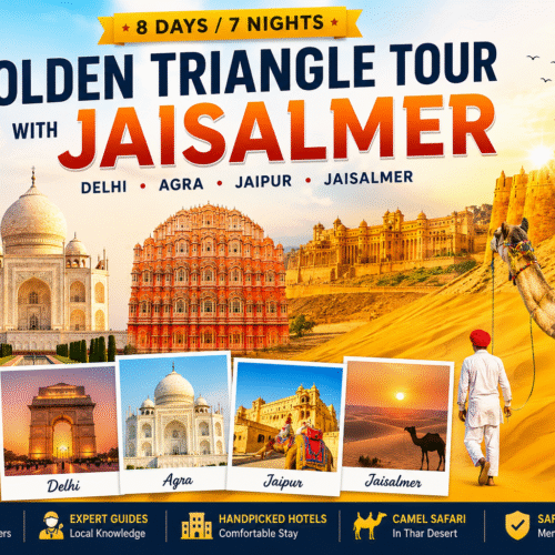 Golden Triangle Tour with Jaisalmer featuring the Taj Mahal, Qutub Minar, Hawa Mahal, Jaisalmer Fort, Thar Desert camel safari, and India's iconic heritage attractions.