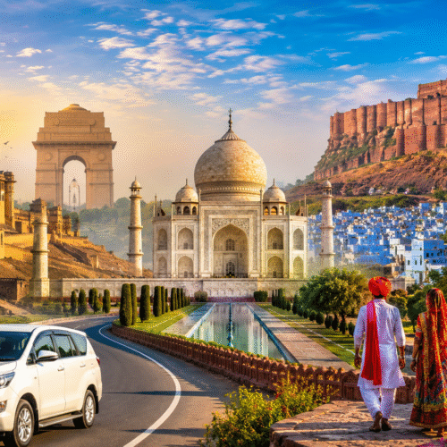 Panoramic view of the Golden Triangle Tour with Jodhpur featuring the Taj Mahal in Agra, Amber Fort in Jaipur, Mehrangarh Fort overlooking the Blue City of Jodhpur, India Gate in Delhi, a private air-conditioned vehicle, and a traditionally dressed Rajasthani couple under a bright blue sky.