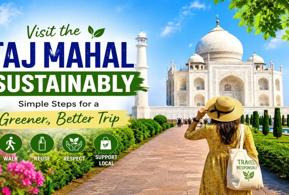 Sustainable Taj Mahal visit with a traveler exploring the monument responsibly