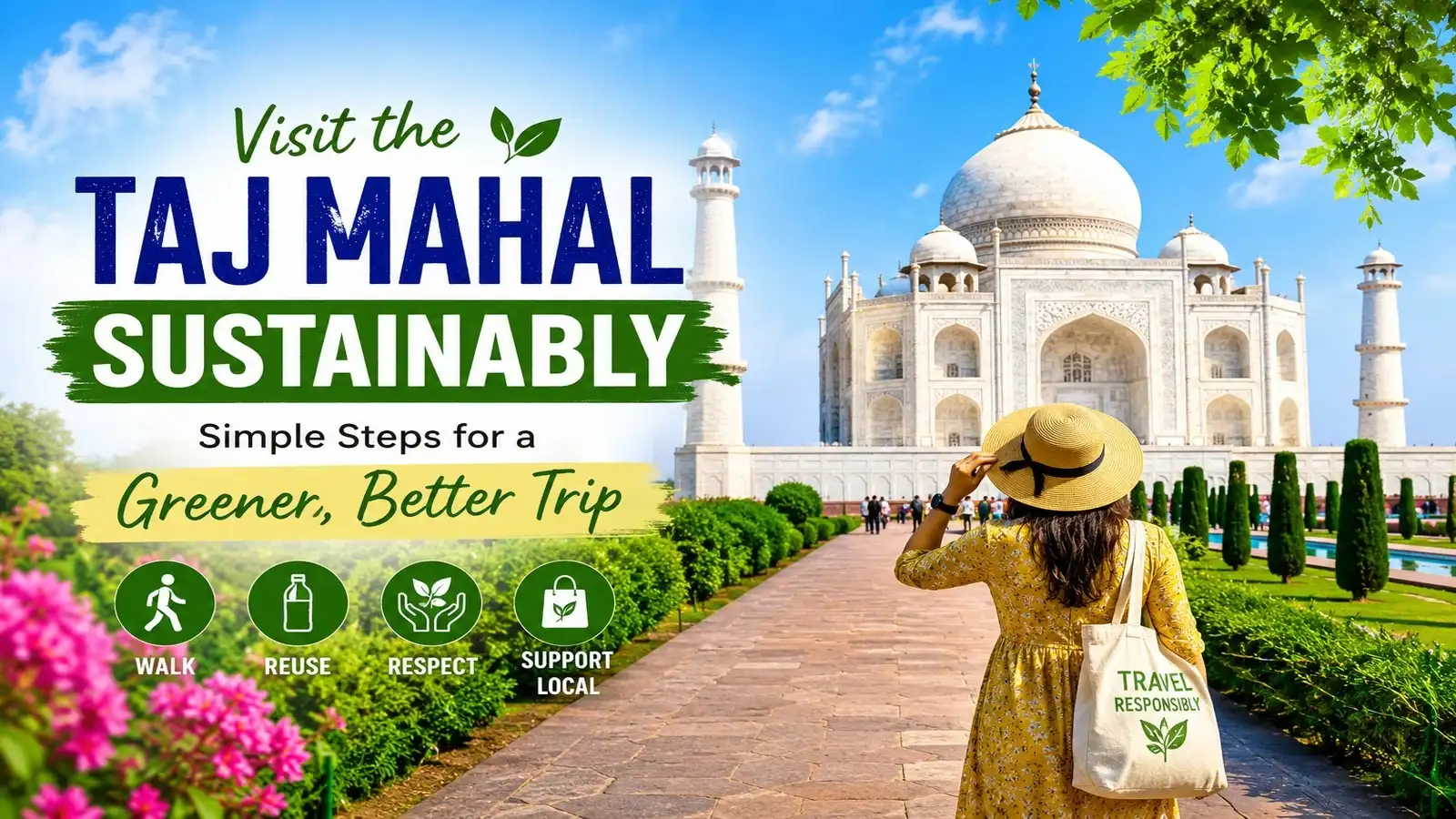Sustainable Taj Mahal visit with a traveler exploring the monument responsibly