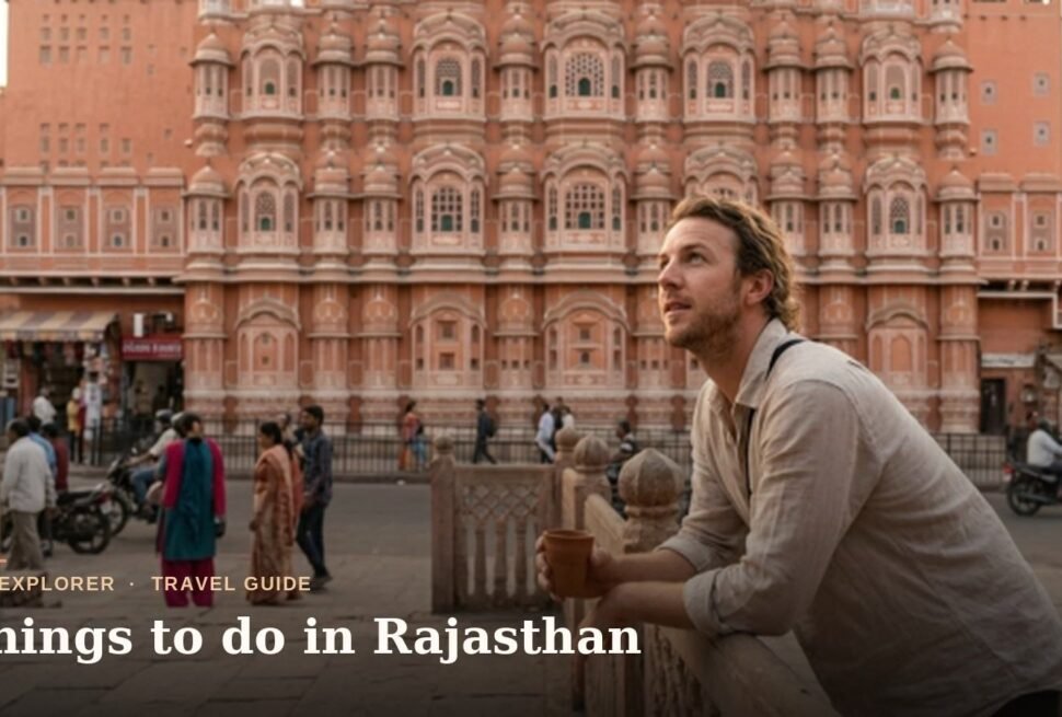 Traveler enjoying chai in front of Hawa Mahal, one of the top things to do in Rajasthan, Jaipur
