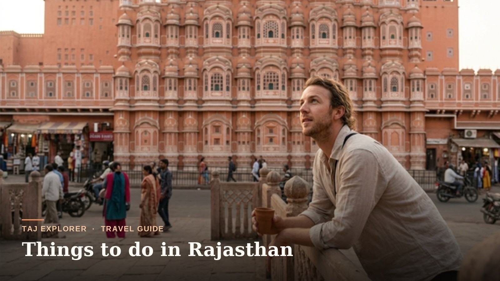 Traveler enjoying chai in front of Hawa Mahal, one of the top things to do in Rajasthan, Jaipur