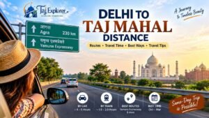 Delhi to Taj Mahal distance by road, showing the Delhi Agra route via Yamuna Expressway