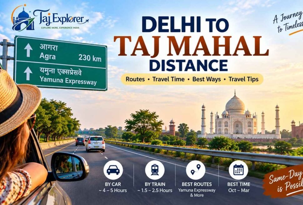 Delhi to Taj Mahal distance by road, showing the Delhi Agra route via Yamuna Expressway