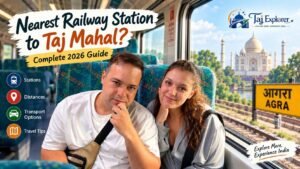 Nearest railway station to Taj Mahal in Agra with travelers on a train