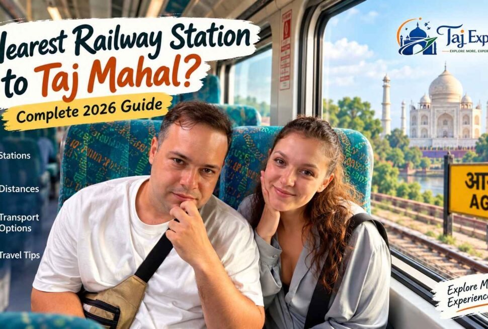 Nearest railway station to Taj Mahal in Agra with travelers on a train
