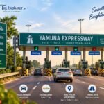 Yamuna Expressway toll plaza with FASTag lanes on the Delhi to Agra route