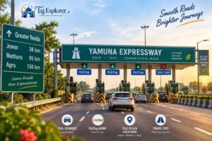 Yamuna Expressway toll plaza with FASTag lanes on the Delhi to Agra route