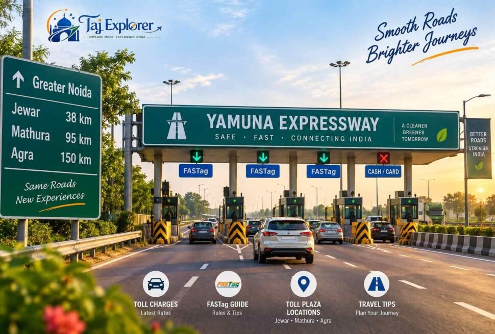 Yamuna Expressway toll plaza with FASTag lanes on the Delhi to Agra route