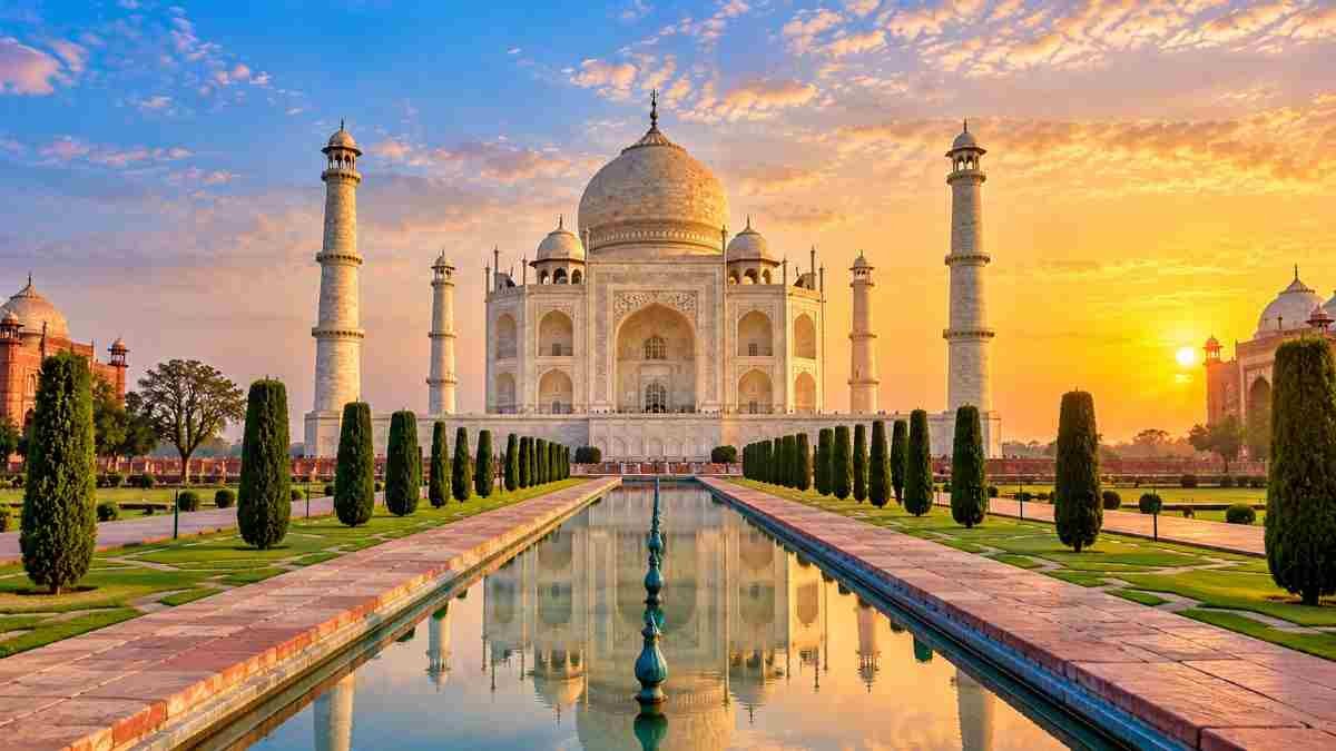5 Day Golden Triangle Tour Itinerary: Delhi, Agra and Jaipur 3 Taj Mahal reflecting in the garden pool at sunrise during a 5 Day Golden Triangle Tour Itinerary