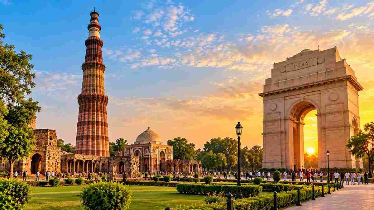 5 Day Golden Triangle Tour Itinerary: Delhi, Agra and Jaipur 2 Qutub Minar and India Gate at sunset in Delhi during a 5 Day Golden Triangle Tour Itinerary