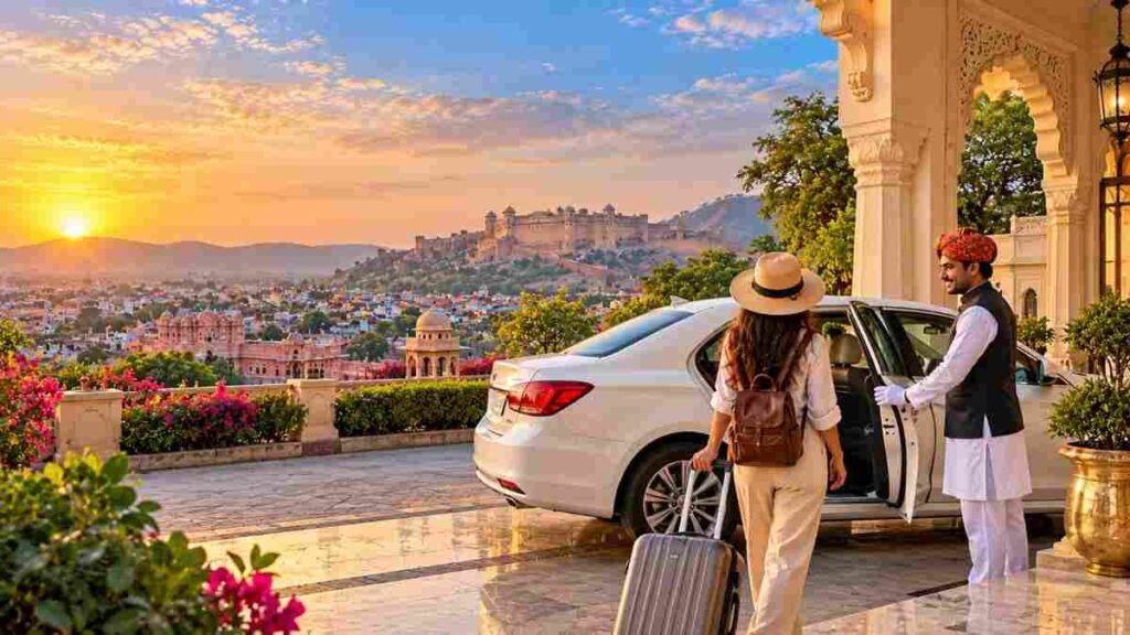 5 Day Golden Triangle Tour Itinerary: Delhi, Agra and Jaipur 6 Traveler departing Jaipur in a private car during a 5 Day Golden Triangle Tour Itinerary