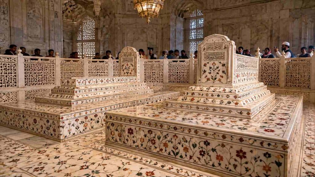 Shah Jahan and Mumtaz Mahal tombs inside the Taj Mahal during Urs